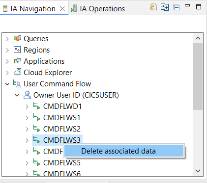 screen capture of the command flow ids window that shows a command flow id highlighted showing the menu options, Set as current scope, and delete associated data.