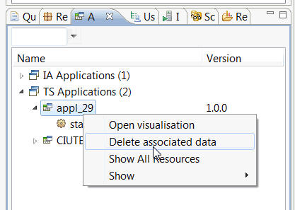 Screen capture that shows a CICS TS application that is selected and a menu with the following options, Open visualization, Delete associated data, which is selected, Show All Resources, and Show