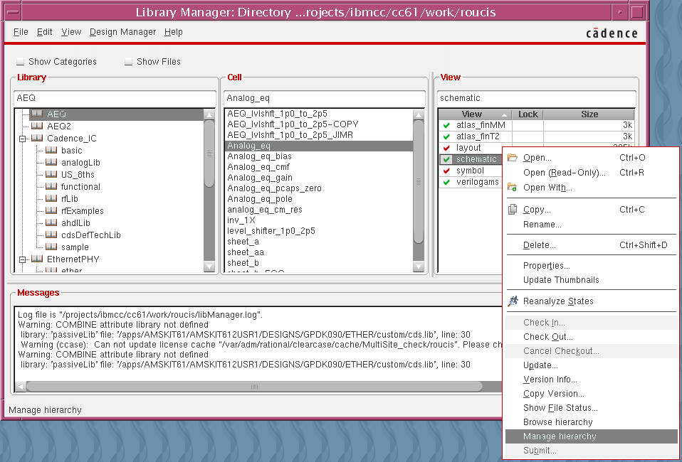 Open the Manage hierarchy menu by right-clicking the Schematic entry in the View box.