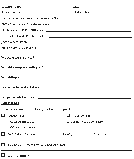 This is part 1 of a sample of a problem description worksheet. It request your customer details, and te release level of CICS VR that you are working with. In addition is asks you to complete details of the problem. when was the first time you noticed the problem, what were you trying to do, what happened, and has the function been working before. The final section asks you to record the type of failure that you received, abend code, document description, incorrect output. The form is continued in the next figure.
