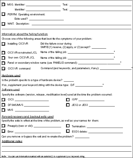 This is part 2 of a sample of a problem description worksheet. It continues with the types of failure, error message. The next sections of the form cover information about the failing function (CICS VR function, JCL function, panel of secondary window, or CICS VR command), the hardware and software used and the forward recovery and backout exits that were used.