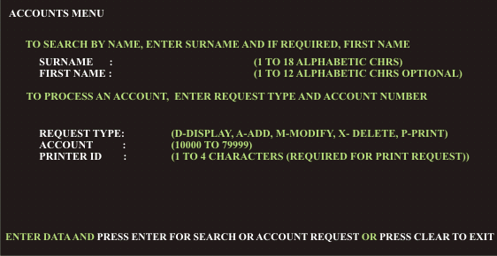 Host screen with account number input field