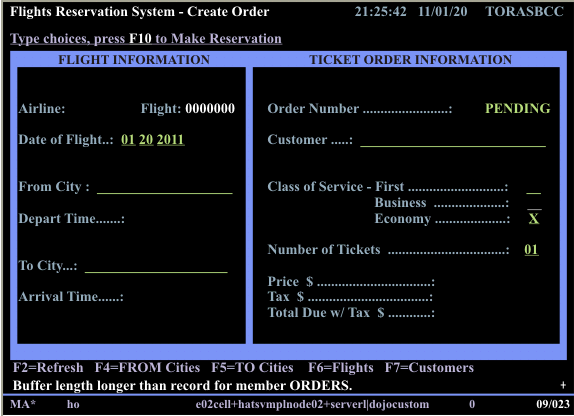 Host screen for the Flights Reservation System
