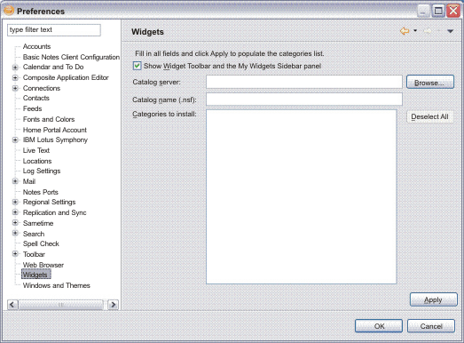 Lotus Notes Widgets preferences