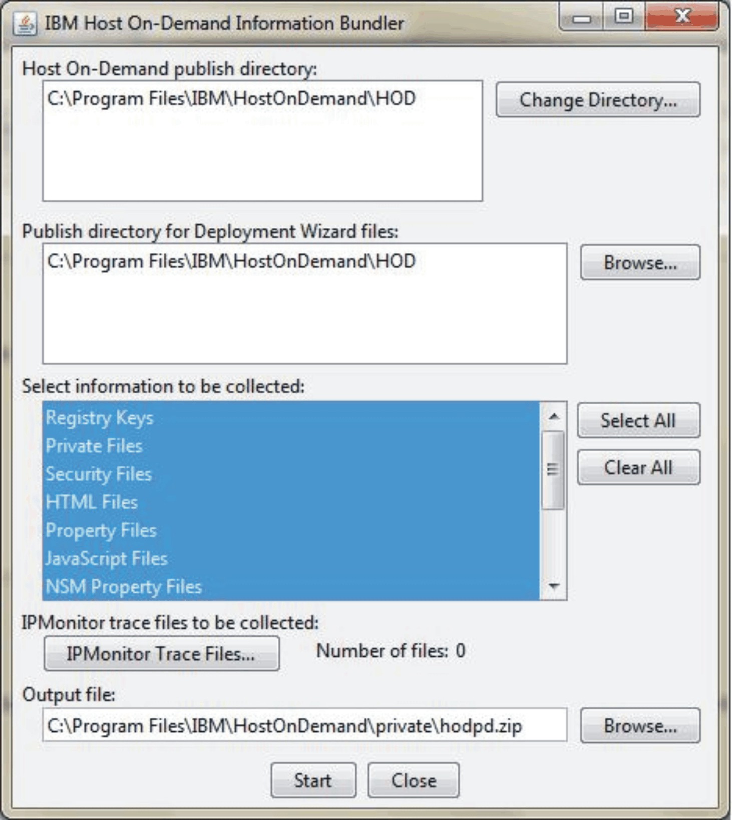 IBM Host On-Demand Information Bundler screen