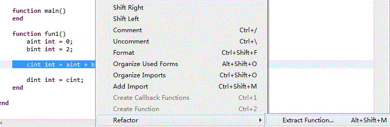 The screen capture shows the highlighted code and the Extract Function menu item.