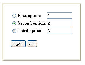 A set of three radio buttons labeled "First option" and so on. Each label is followed by a text box with a number in it.