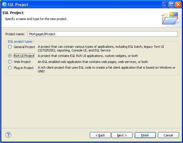 The EGL Project window with the Project name "MortgageUIProject."