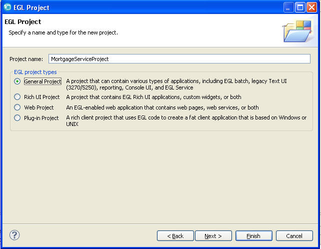 The New EGL Project window with the Project name MortgageServiceProject.