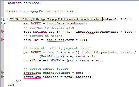 Errors are marked with red wavy lines and red Xs in the margin.