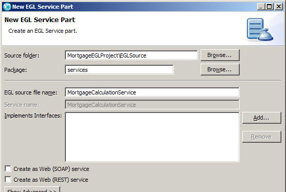 The New EGL Service Part window shows the service name and package.