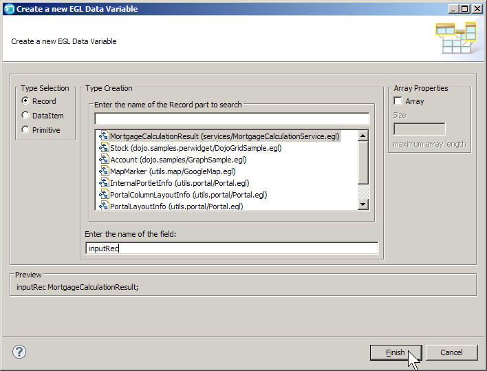 The Create a new EGL Data Variable wizard.