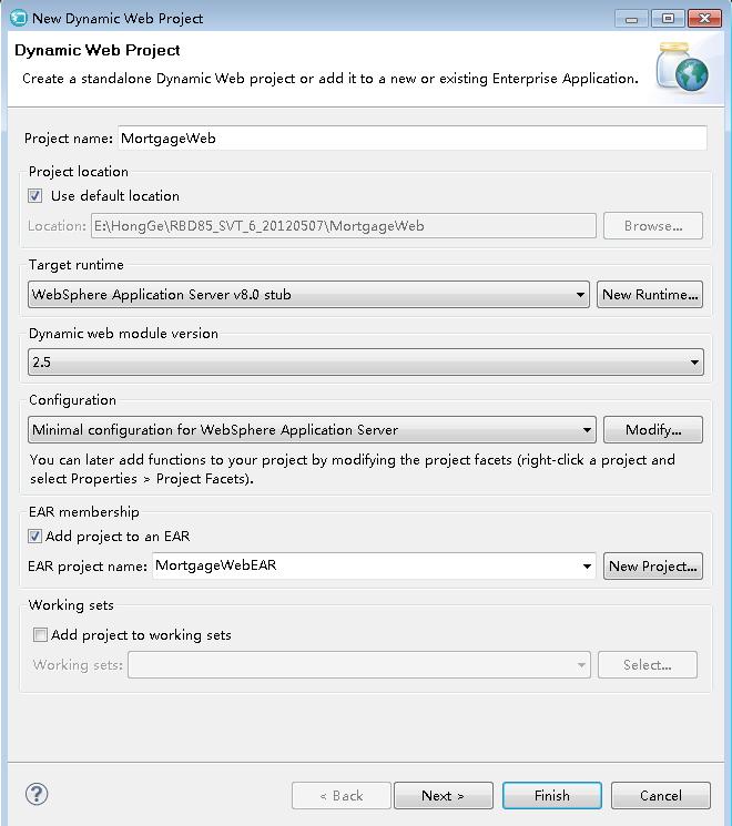 The New Dynamic Web Project wizard, configured for WebSphere Application Server