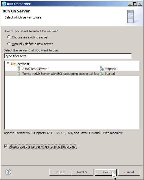 The Run On Server window for Tomcat