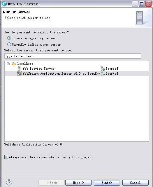 The Run On Server window for WebSphere Application Server