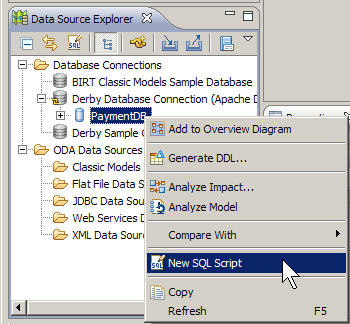 The menu for the new database