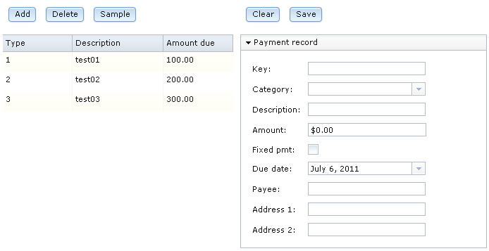 Web page with five buttons, prototype data, and a form