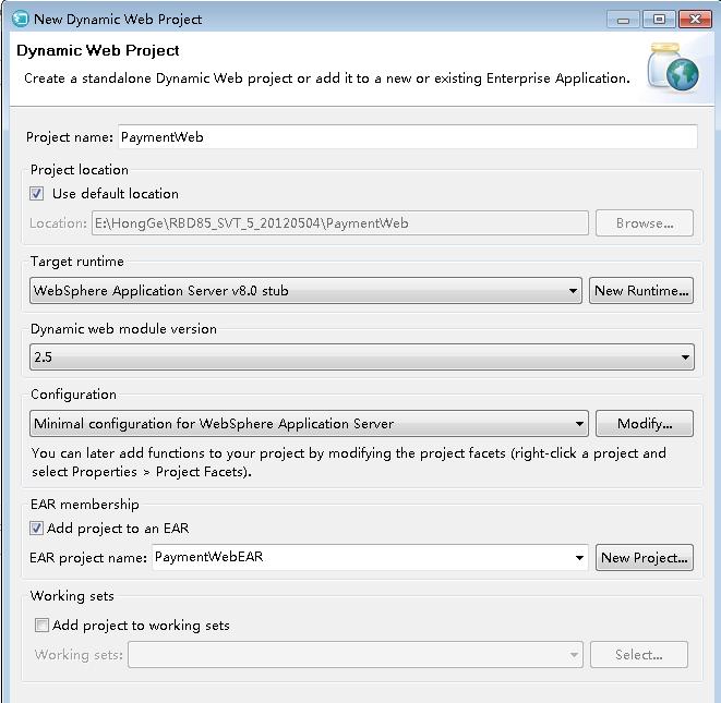 The New Dynamic Web Project wizard, configured for WebSphere Application Server