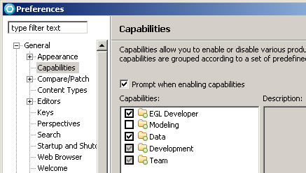 Capabilities list with the EGL Developer capability enabled