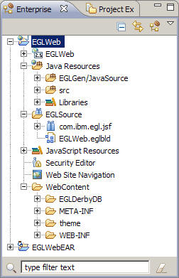Picture of the Enterprise Explorer view including the EGL web project and EAR project