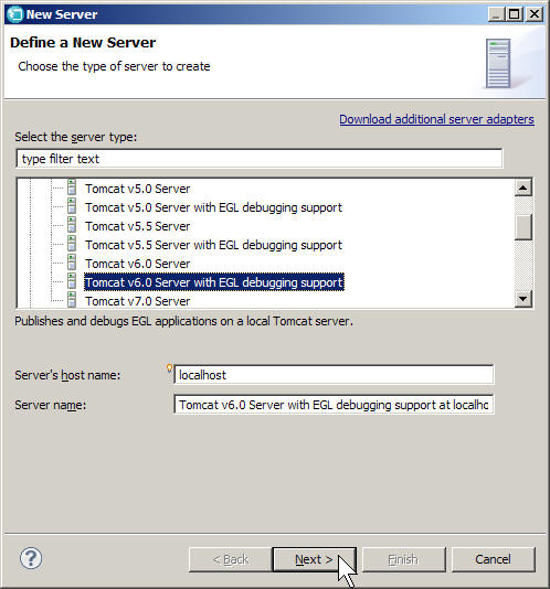 The Tomcat server in the New Server window.