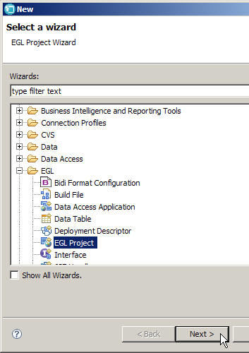 The Select a Wizard dialog shows the EGL folder and the EGL Project icon inside it.