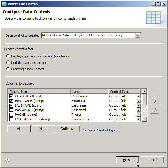 Insert List Control window