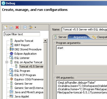 Add -Degl.jsfhandler.debug=false to the top of the list of VM arguments on the Tomcat v5.5 Server launch configuration page