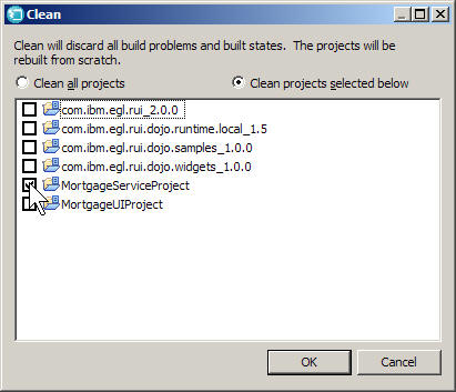 The MortgageServiceProject is selected from the list.