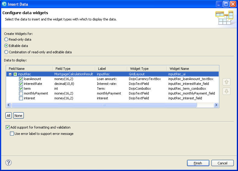 The Configure data widgets page with all fields corrected.