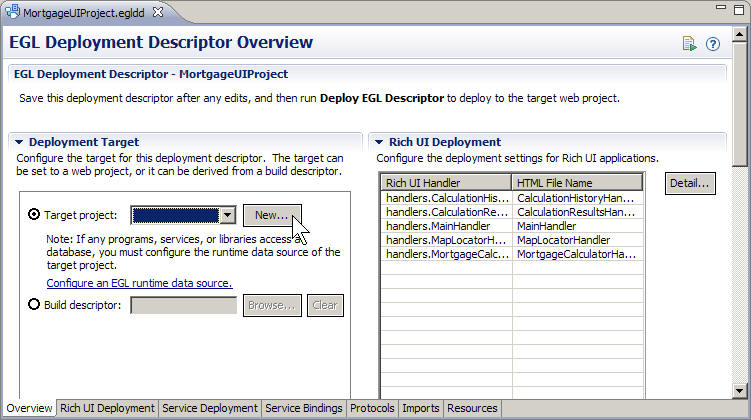 The Overview page of the EGL deployment descriptor shows no services to generate, and shows the list of your Handlers under Rich UI Deployment.