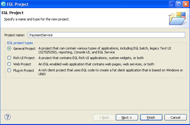 The New EGL Project window with the Project name "PaymentService."