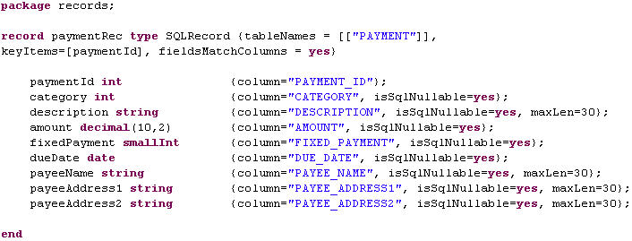 The field declarations are retrieved from the SQL database.