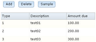 Web page with buttons and prototype data