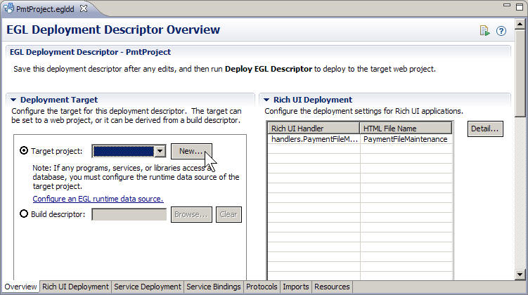 The Overview page of the EGL deployment descriptor shows no services to generate, and shows the list of your handlers under Rich UI Deployment.
