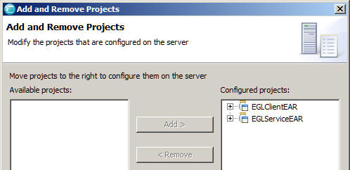 The completed Add and Remove Projects window shows EGLServiceEAR as configured on the server