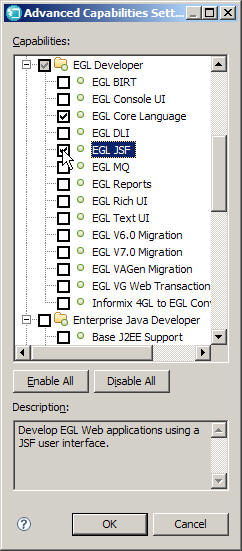 Capabilities page of the Preferences window with the EGL Developer capability selected