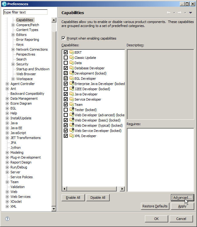 Capabilities page of the Preferences window with the EGL Developer capability selected