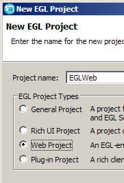 The New EGL Project wizard shows the different project types.
