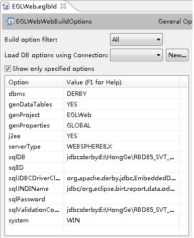 Picture of the build descriptor options showing the proper settings for the database connection