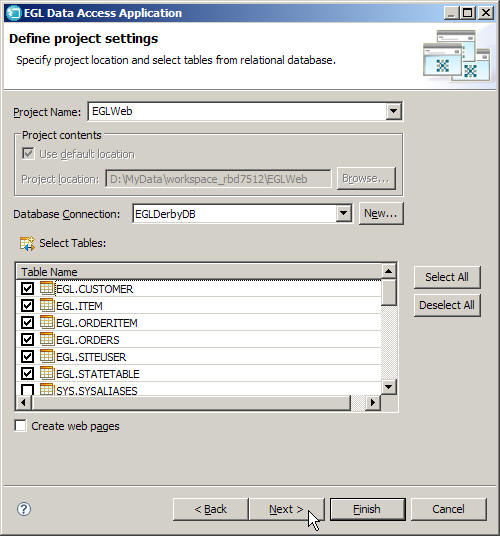 Picture of the EGL Data Access Application window with the six tables selected