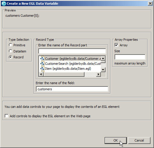 Create a New EGL Data Variable window