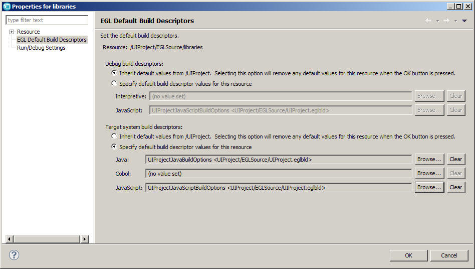 Target system build descriptors are set for Java and JavaScript.