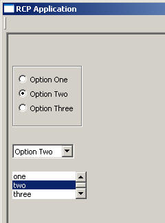 Picture of the interface, showing the radio button group, combo box, and list box widgets