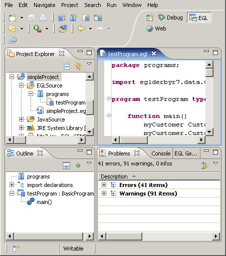 Picture of a typical EGL user's workbench layout, with the views and editor identified according to the list below.