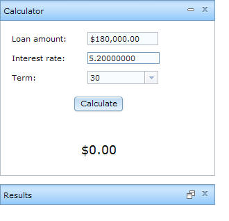 The Calculator portlet shows default values, and the Results portlet is minimized.