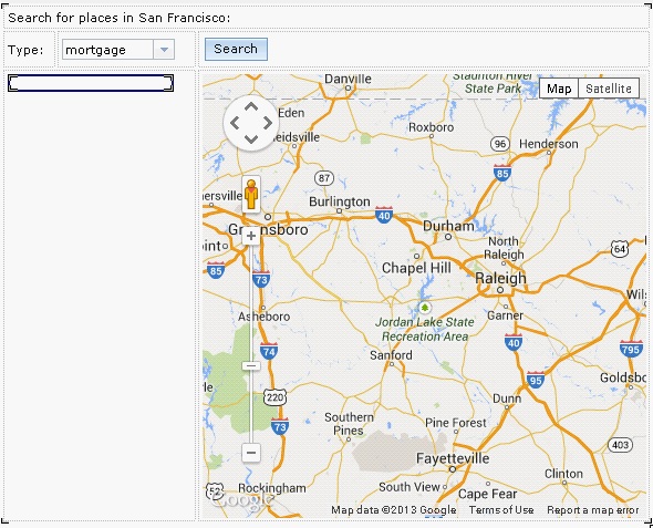 The screen shows an introductory line, a field for submitting a type code, box for search results, and a default map.