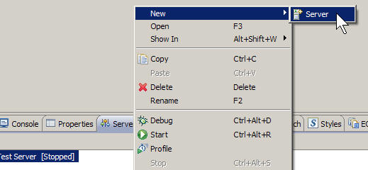 The New->Server drop-down menu.
