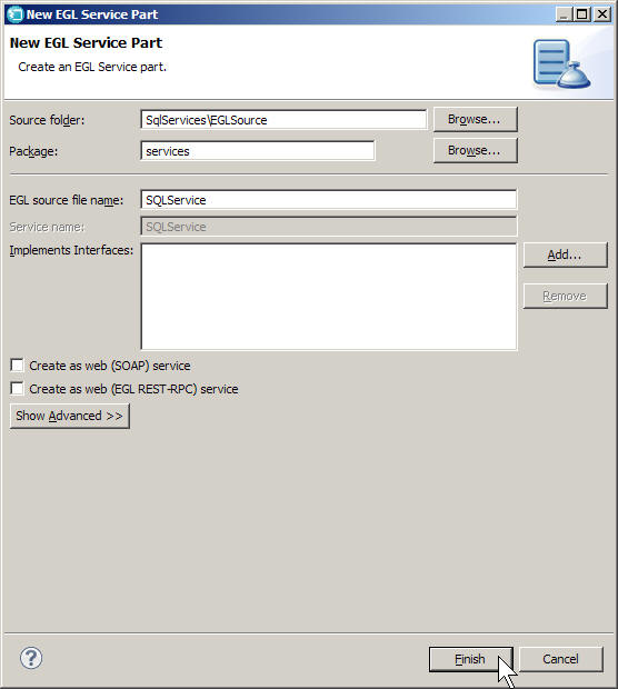 The New EGL Service Part window shows the service name and package.