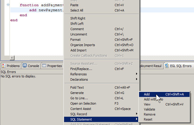 The SQL Statement options.